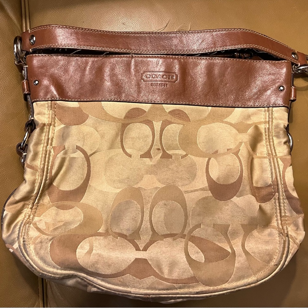 Coach Brown and Tan Shoulder Bag with Signature Monogram